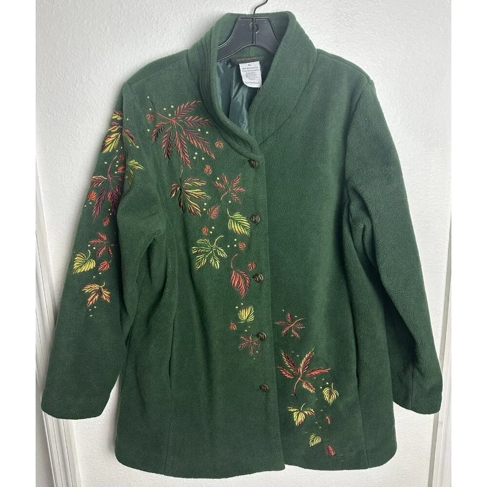 Bob Mackie Embroidered Fleece Jacket Green Button Front Fall Leaves Women’s XL